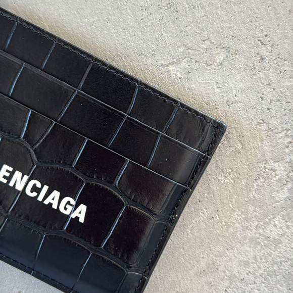 Balenciaga Logo Croc Embossed Leather Card Case Black